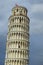 Detailed view of ancient Leaning Tower of Pisa against stormy sky and gloomy clouds. Notable landmark of Pisa