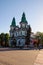 Detailed view of the Cathedral of the Immaculate Conception of the Blessed Virgin Mary in Ternopil during spring sunrise