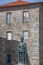 Detailed view at the D. Duarte statue on D. Duarte and lateral facade of the Cathedral of Viseu as background