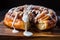 A detailed view of a gooey cinnamon roll on a wooden table