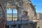 Detailed view of a gothic window, manuelino style, on interior ruins of the medieval Belmonte Castle, iconic monument building on