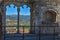 Detailed view of a gothic window, manuelino style, on interior ruins of the medieval Belmonte Castle, iconic monument building on