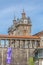 Detailed view at the lateral facade of the Cathedral of Viseu, column gallery with a couple