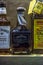 Detailed view of an old whiskey bottle on shelf of beverages sales store