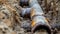 A detailed view of a pipe partially buried in the dirt. This image can be used to depict construction, plumbing, or infrastructure