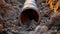 A detailed view of a pipe partially buried in the dirt. This image can be used to depict construction, plumbing, or infrastructure