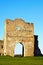 Detailed view of the ruins of main gate of Krements castle. Blue sky in the background. Mountain Bone in Kremenets