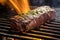 detailed view of steak being seared over charcoal grill