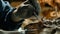 A detailed view of a technician using a specialized adhesive to piece together a fragile section of a dinosaur vertebra