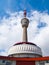 Detailed view of TV transmitter and lookout tower on the summit of Praded Mountain, Hruby Jesenik, Czech Republic