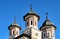 Detailed view under a blue sky of the Great Church at the Sinaia Monastery in Romania