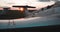 Detailed view of wing, fuselage and tail of Soviet military combat plane in field against sunset. Old airfield with