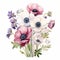 Detailed Watercolor Anemone Bouquet: Victorian-inspired Botanical Art
