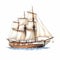 Detailed Watercolor Illustration Of A 17th Century Schooner Sailing Ship