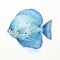 Detailed Watercolor Painting Of Blue Discus Fish On White Background