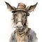 Detailed Watercolor Painting Of A Donkey In A Cowboy Hat