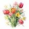 Detailed Watercolor Tulip Bouquet: Naturalistic Botanical Art From 1960s Dutch Watercolor