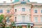 Details of beautiful old architecture, balcony and window. Historical buildings of St.