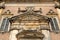 Details of the carvings above the main entrance to the octagonal shaped Oostkerk church in Middelburg