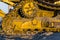 Details of a caterpillar tire of a bulldozer, ground moving industry, groundwork equipment