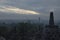 Details of a dark sunrise between the stupas of the Borobudur temple, Indonesia