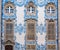 Details of the facade of Carmo church. Traditional Portuguese blue tiles. Beautiful windows. Porto