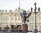 Details fence decorations with the Russian imperial double-headed eagle symbol on Palace Square on the background