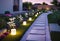 Details of modern garden landscape design, Illuminated path in front of a residential building