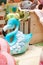 Details of nursery playroom for children, soft focus on blue flamingo