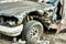 Details of old car. Aged oldtimer vintage automobile. Spare parts of retro classic automobile. Disassembled car in a