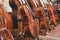 Details with parts of violins before a symphonic classical concert