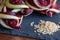 Details of radicchio treviso and brown rice, composition on slate board