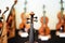 Details with the scroll, peg box, tuning pegs, strings, neck and fingerboard of a violin before a symphonic classical concert