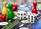 Details of several colorful board games and game pieces.