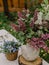 Details of tables decorated in the spring garden for a photoshoot or wedding reception with lilac. Vase with lilac