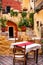 Details of a traditional open air restaurant in the Old Town of Chania