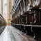 Details of wooden pews next to the altar of a medieval church.