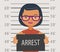 Detained or arrested with sign in police station. Funny cartoon vector illustration