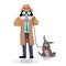 Detective with binocular and dog on white background.