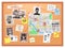 Detective board. Cops crime investigation plan, board with pinned photos, newspapers and notes, map structural analysis