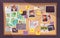 Detective board. Pinboard crime investigation map, pins threads wall criminal police clues evidence laboratory newspaper