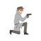 Detective character in a gray coat aiming a gun knees, private investigator, inspector or police officer vector