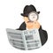 Detective in hat with mustaches holds newspaper