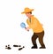 Detective holding magnifier glass inspecting footstep people or animal, trying to solve mystery cartoon flat illustration vector