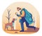 Detective Investigating in Jungle: Vector Illustration with Magnifying Glass and Dog