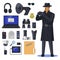 Detective items near spy or investigation officer