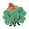 Detective man in brown hat hiding in the green bush with photo camera. Vector colorful illustration in cartoon style.