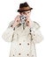 Detective, photographer and spy with portrait of man in studio for surveillance, reporter or investigation. Retro, press