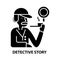detective story icon, black vector sign with editable strokes, concept illustration