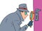 Detectives Magnifying glass peeping through the keyhole of the door. a private detective, a man in a coat, hat and